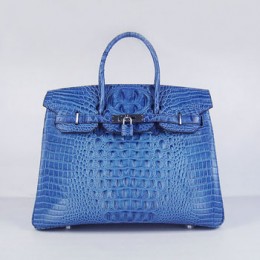Hermes Birkin 35Cm Crocodile Head Stripe Handbags Dark Blue Silve